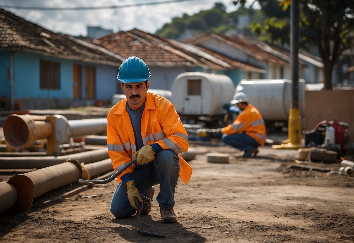 A technician installs gas pipes in a residential area of São Paulo, following a detailed plan and budget