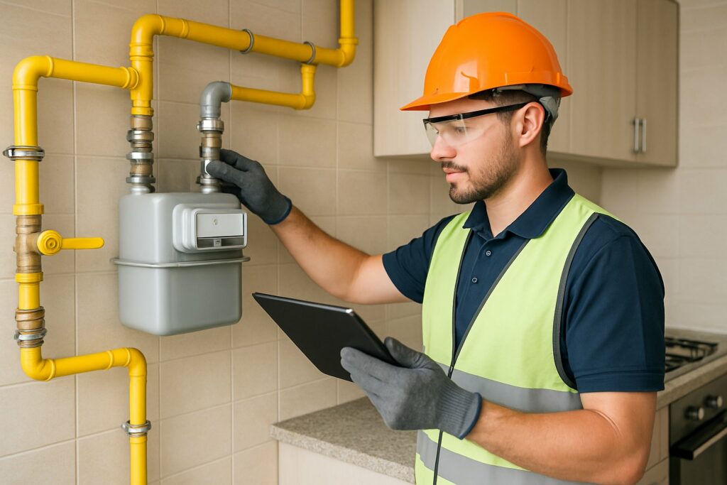 Principais Normas da ABNT para Instalação de Gás Residencial: Requisitos Essenciais e Atualizações Recentes 1 Técnico inspecionando instalação de gás residencial com equipamentos de segurança em cozinha moderna.