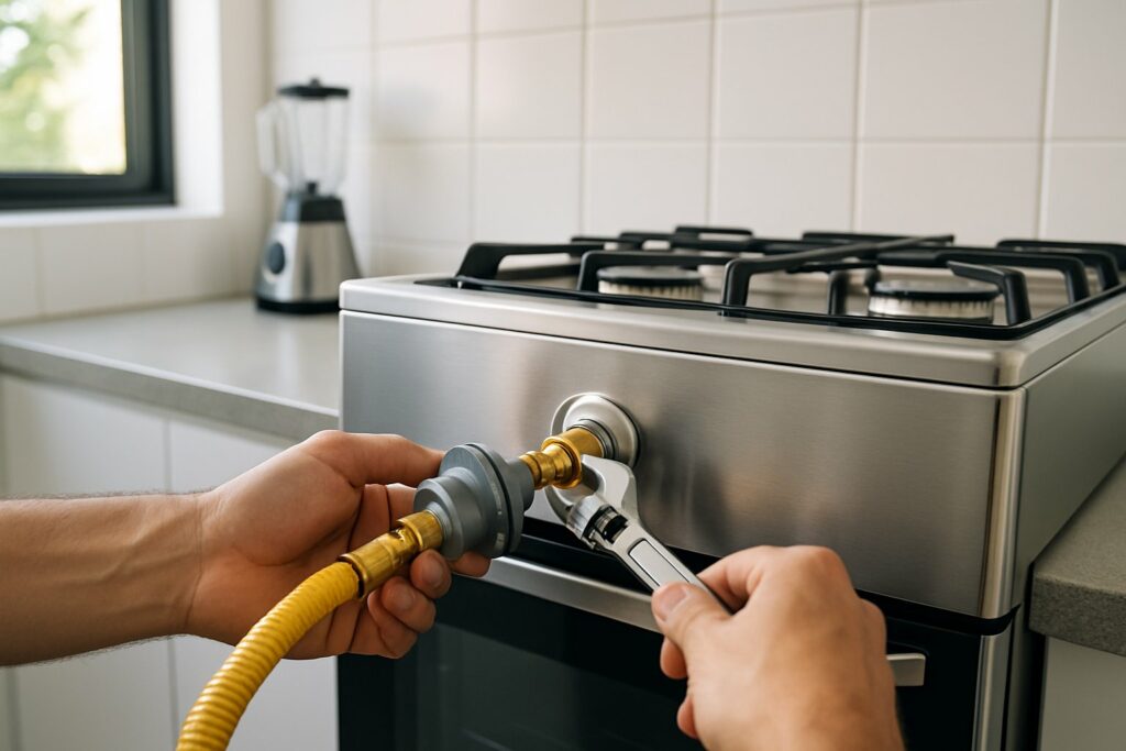 Conversão de Fogão Brastemp para gás encanado GLP/GN: Saiba Como Realizar com Segurança 1 Técnico ajustando a conexão de gás em um fogão Brastemp em uma cozinha moderna.