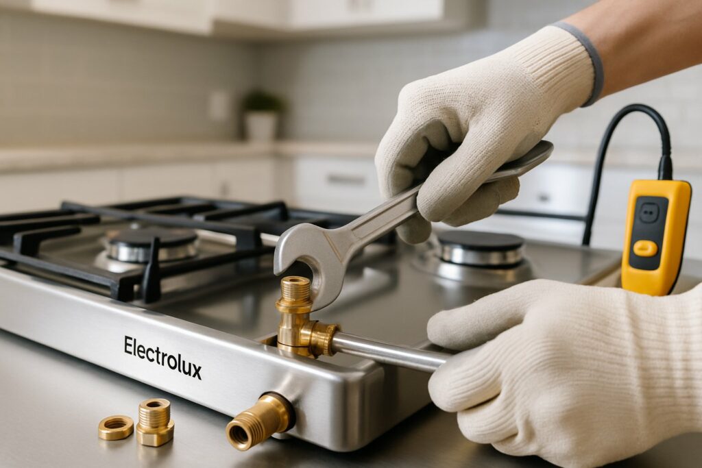 Conversão de Fogão Eletrolux para gás encanado GLP/GN: Guia Completo para Instalação Segura 1 Técnico realizando a conversão de um fogão Electrolux para gás encanado em uma cozinha.
