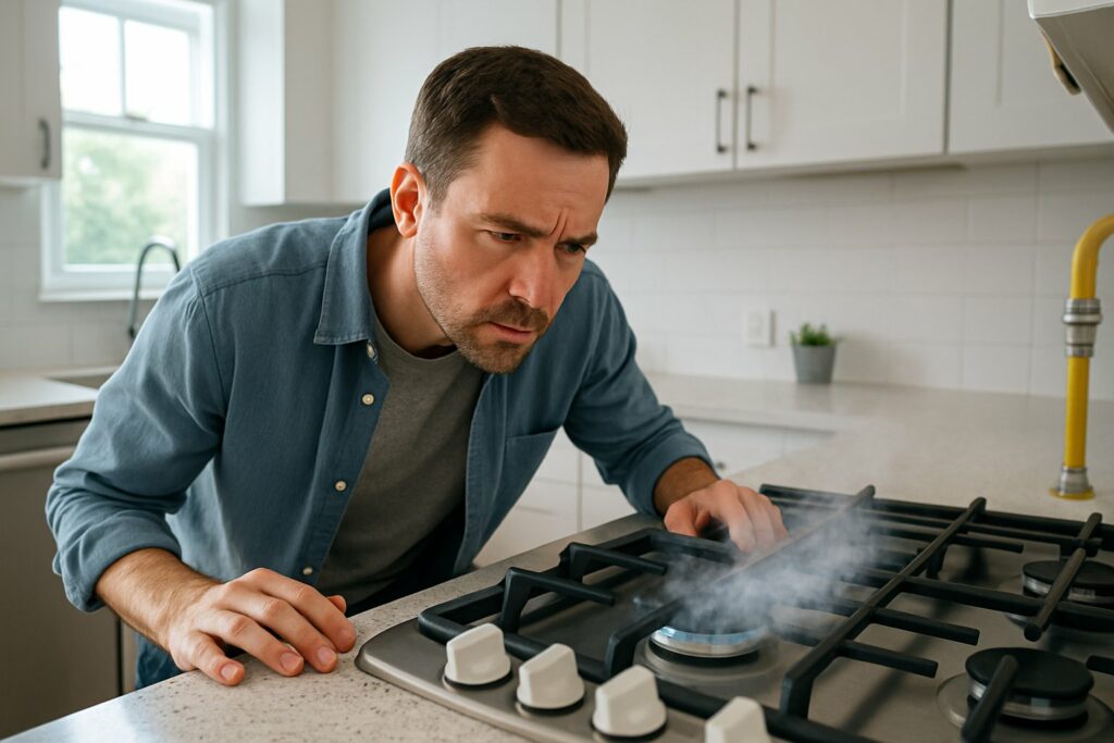Vazamento de Gás: Como Identificar os Sinais e Agir Rapidamente em Situações de Emergência 1 Homem inspecionando cuidadosamente um fogão a gás em uma cozinha moderna, atento a possíveis sinais de vazamento.
