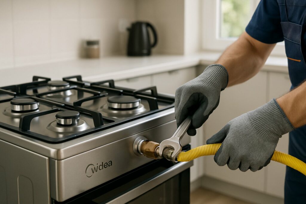 Conversão de Fogão Midea para gás encanado GLP/GN: Guia Completo para Adaptar seu Eletrodoméstico 1 Um técnico ajustando a conexão de gás de um fogão Midea moderno em uma cozinha limpa e organizada.
