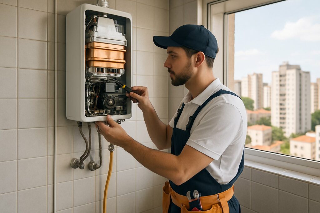 Reparo de Aquecedor á Gás em São Paulo: Soluções Rápidas e Eficientes 2 Técnico reparando um aquecedor a gás em um apartamento moderno em São Paulo.