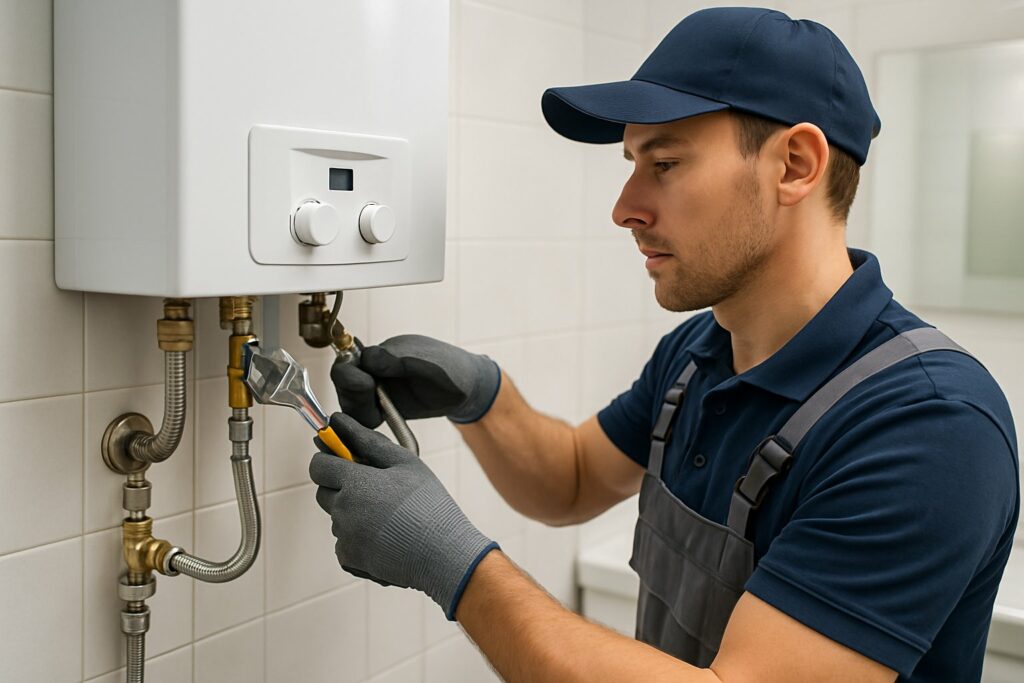 Quanto custa instalação de aquecedor a gás? Veja fatores que influenciam no preço 3 Técnico instalando um aquecedor a gás em um banheiro residencial.