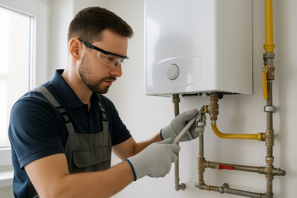 Normas para instalação de aquecedor a gás: requisitos e procedimentos essenciais 1 Técnico instalando um aquecedor a gás em uma residência, usando equipamentos de segurança e conectando tubos em uma sala de utilidades limpa.