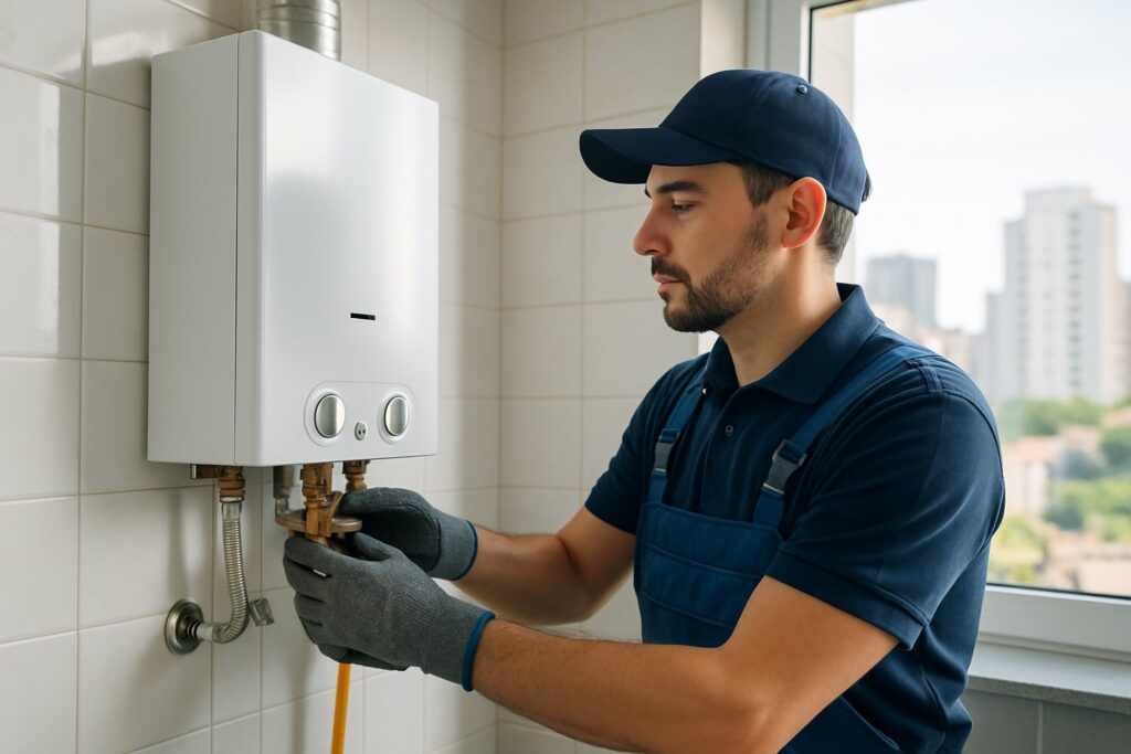 Instalação de aquecedor a gás preço São Paulo: fatores que influenciam e dicas para economizar 1 Técnico instalando um aquecedor a gás em um banheiro residencial moderno.