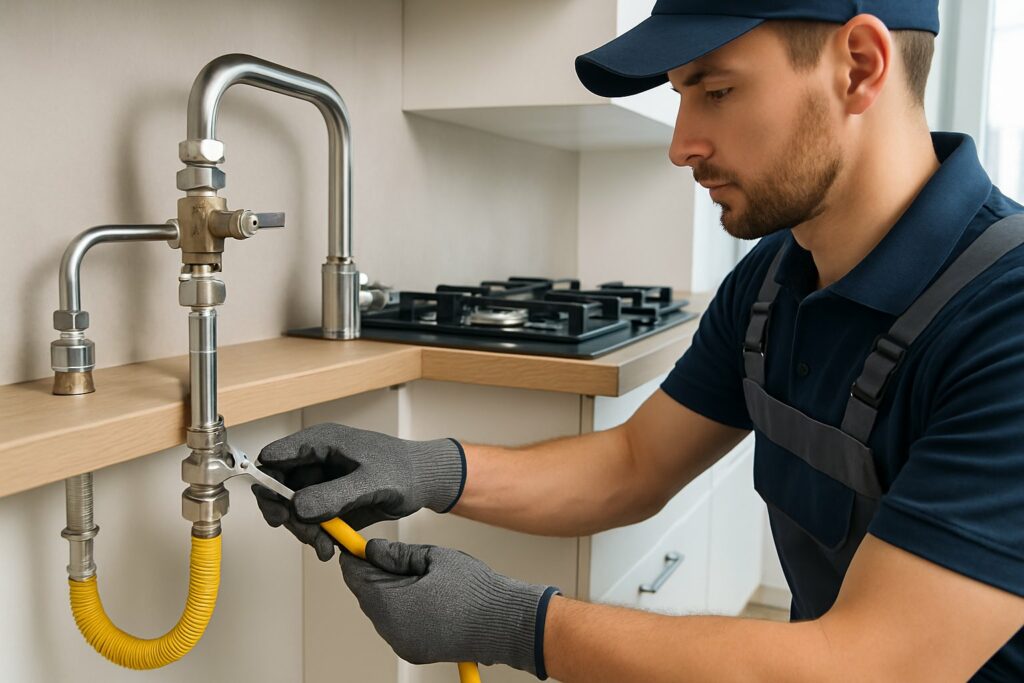 Técnico instalando tubos de gás em uma cozinha de apartamento moderno.